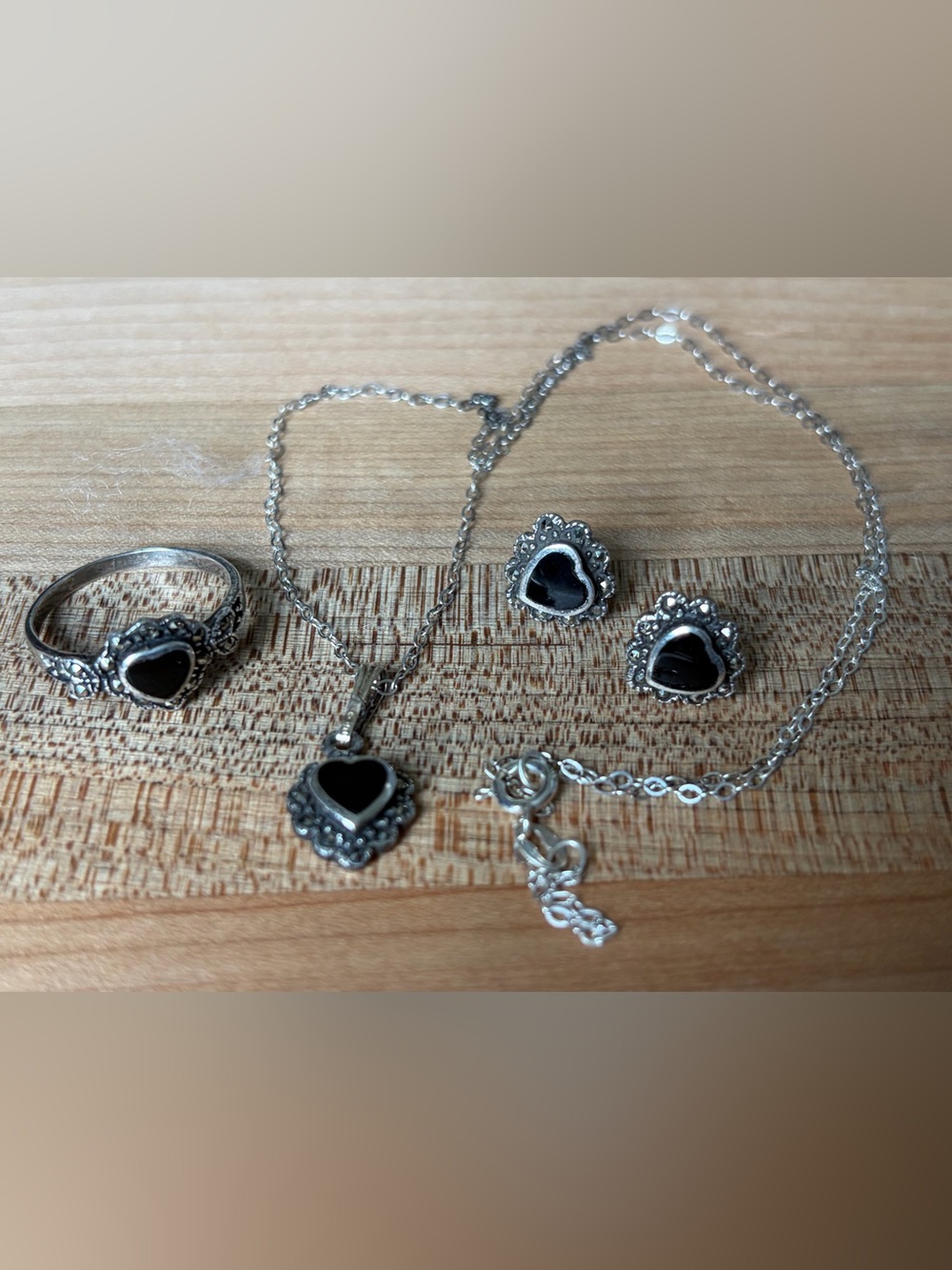 Sterling Silver Heart Onyx Pendant Necklace and Earrings Set